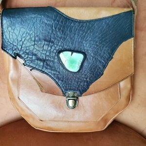 Leather Satchel Tan Brown and Black Leather Handbag with Lemon Chrysoprase